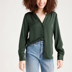 Quince Forest Green Washable Silk Button Down Shirt Size Large